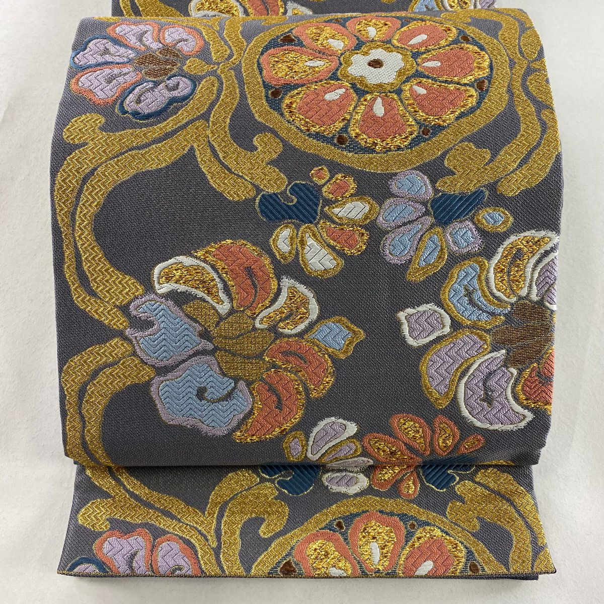 【庫存清倉】 袋帶 美品 名品級 唐草紋彩花紋 刺繡 金線 青灰 六通 純蠶絲