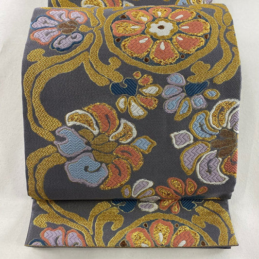 【庫存清倉】 袋帶 美品 名品級 唐草紋彩花紋 刺繡 金線 青灰 六通 純蠶絲