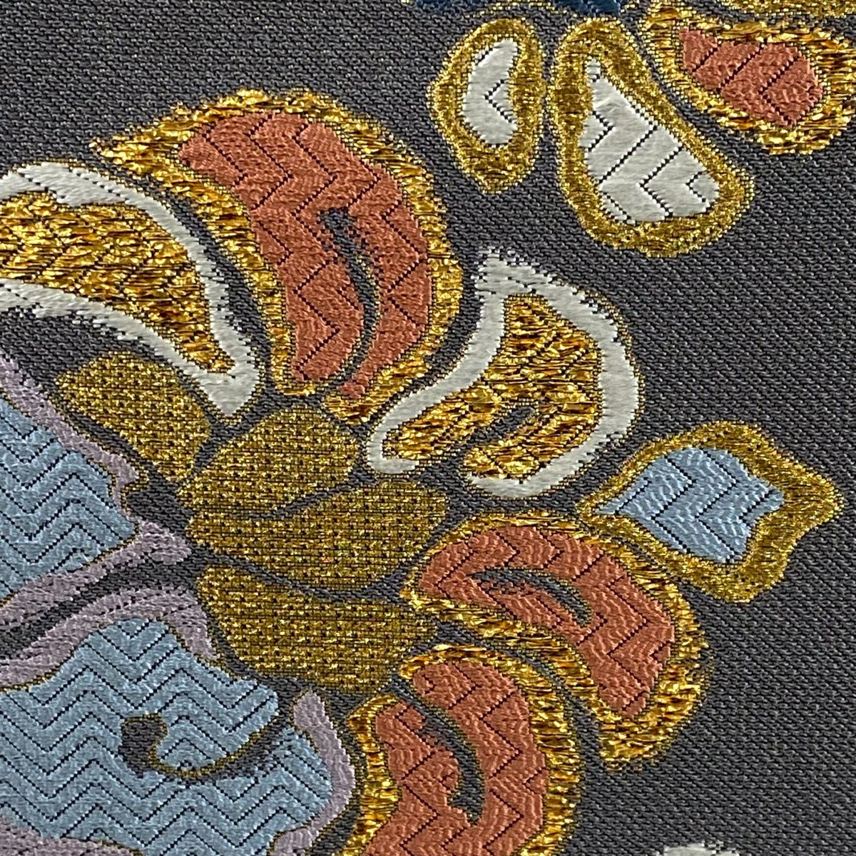 【庫存清倉】 袋帶 美品 名品級 唐草紋彩花紋 刺繡 金線 青灰 六通 純蠶絲