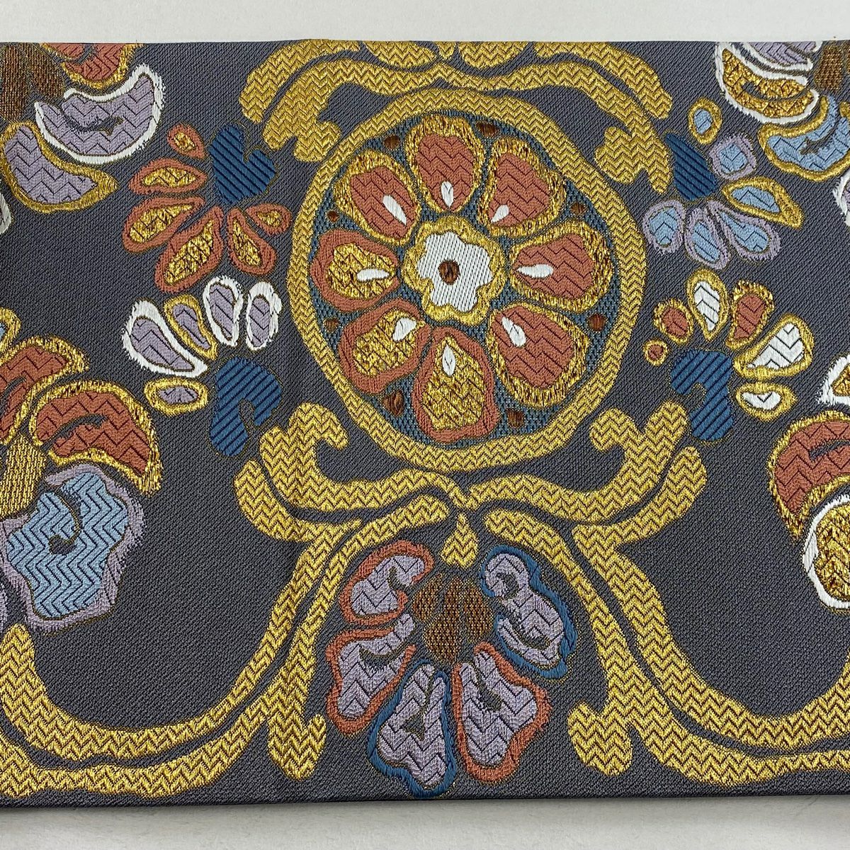 【庫存清倉】 袋帶 美品 名品級 唐草紋彩花紋 刺繡 金線 青灰 六通 純蠶絲