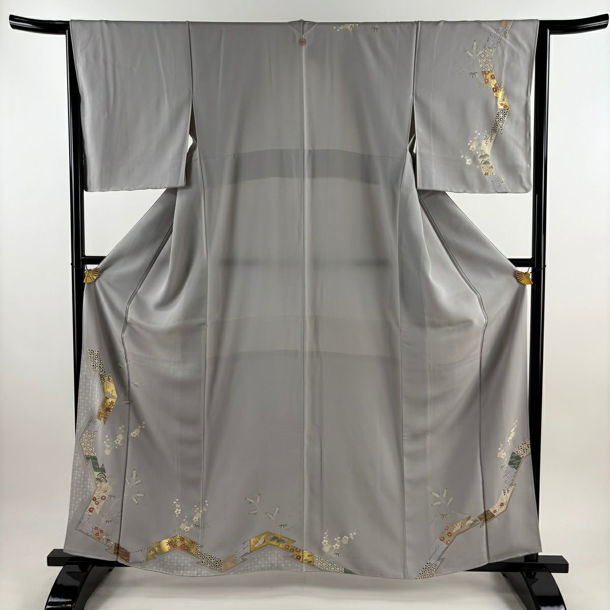 【庫存清倉】訪問服 身長160.5cm 袖長64cm M 雙層 松樹竹子梅花 橘色 刺繡 金彩裝飾 灰色 純蠶絲 秀品級 一つ紋