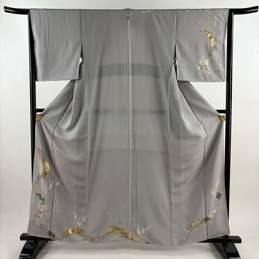【庫存清倉】訪問服 身長160.5cm 袖長64cm M 雙層 松樹竹子梅花 橘色 刺繡 金彩裝飾 灰色 純蠶絲 秀品級 一つ紋