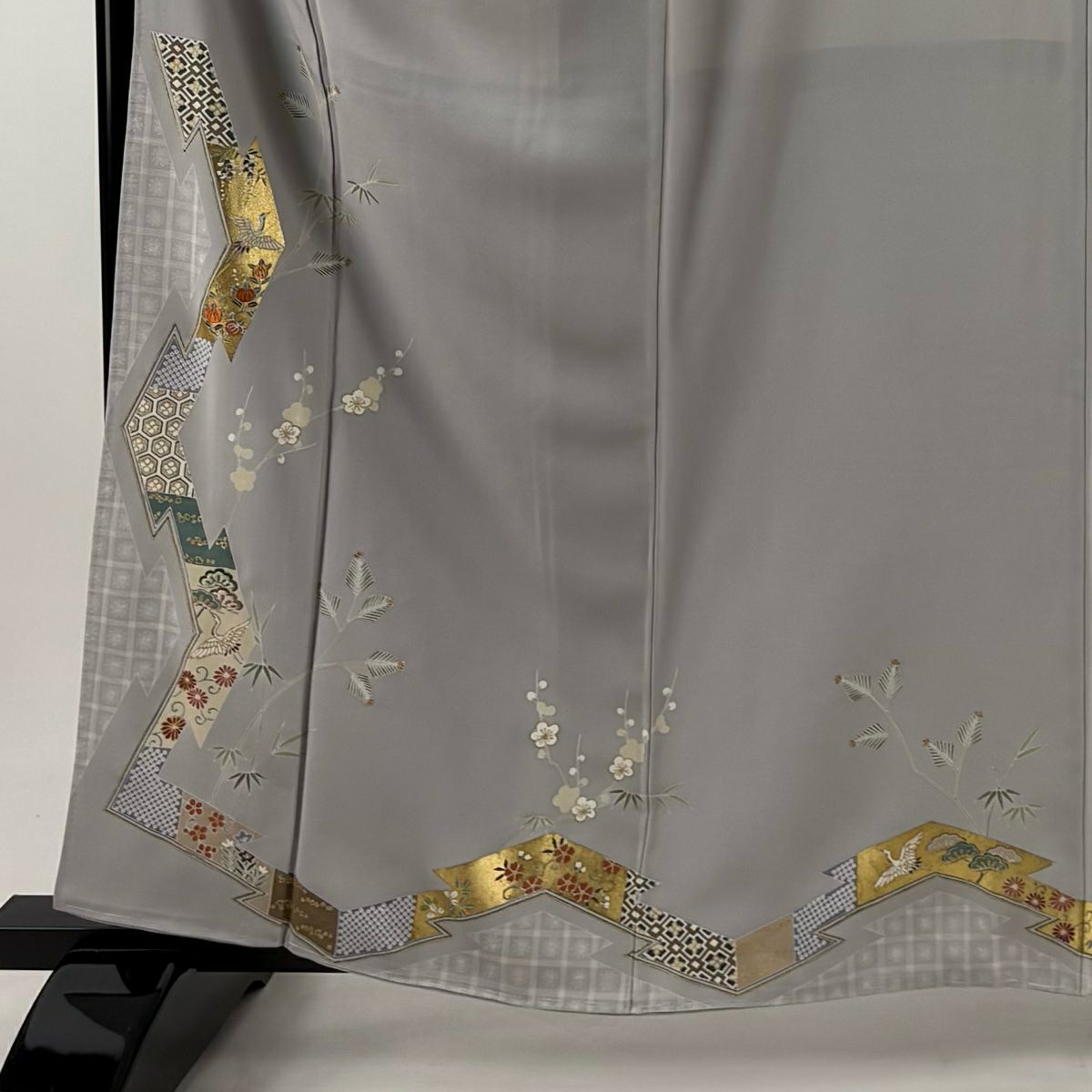 【庫存清倉】訪問服 身長160.5cm 袖長64cm M 雙層 松樹竹子梅花 橘色 刺繡 金彩裝飾 灰色 純蠶絲 秀品級 一つ紋