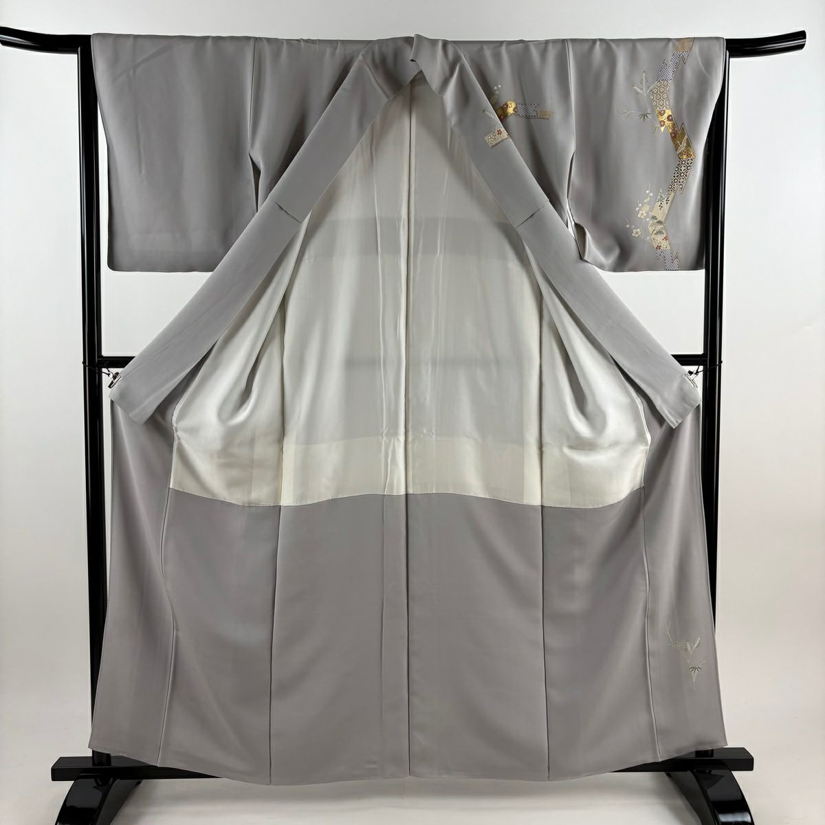 【庫存清倉】訪問服 身長160.5cm 袖長64cm M 雙層 松樹竹子梅花 橘色 刺繡 金彩裝飾 灰色 純蠶絲 秀品級 一つ紋