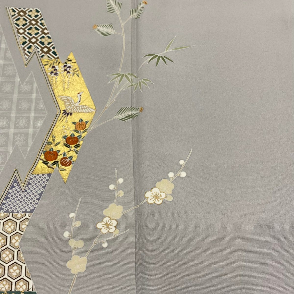 【庫存清倉】訪問服 身長160.5cm 袖長64cm M 雙層 松樹竹子梅花 橘色 刺繡 金彩裝飾 灰色 純蠶絲 秀品級 一つ紋