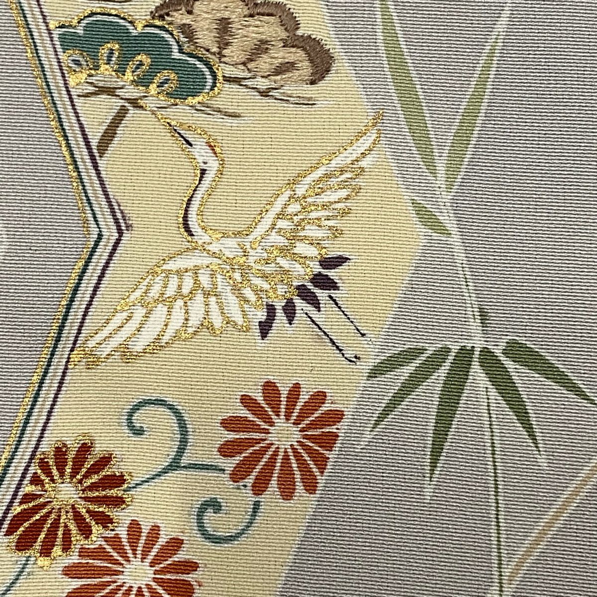 【庫存清倉】訪問服 身長160.5cm 袖長64cm M 雙層 松樹竹子梅花 橘色 刺繡 金彩裝飾 灰色 純蠶絲 秀品級 一つ紋