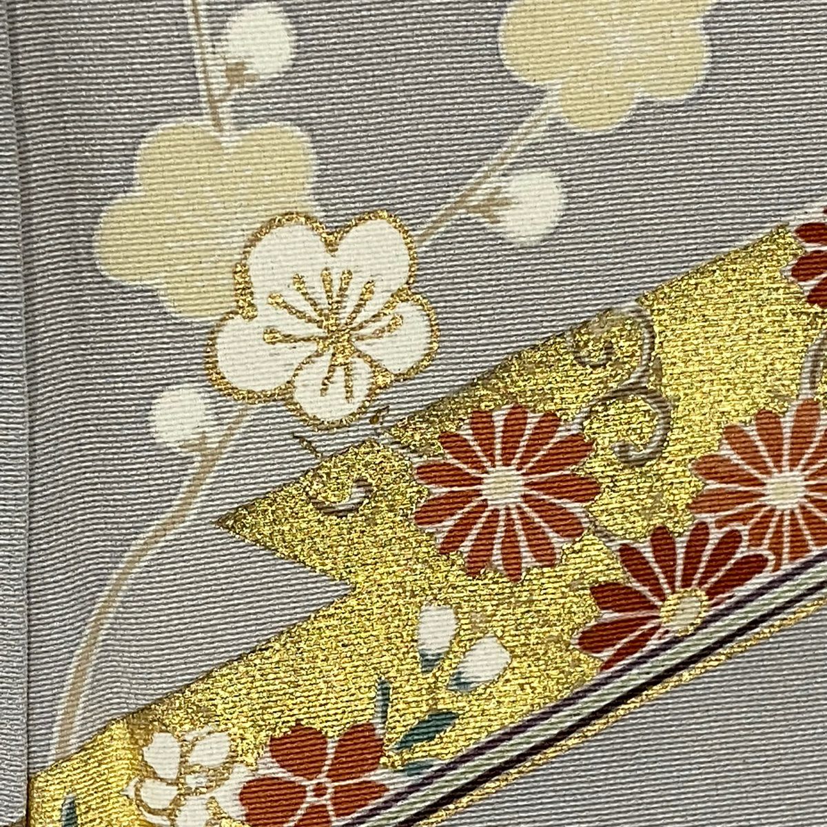 【庫存清倉】訪問服 身長160.5cm 袖長64cm M 雙層 松樹竹子梅花 橘色 刺繡 金彩裝飾 灰色 純蠶絲 秀品級 一つ紋