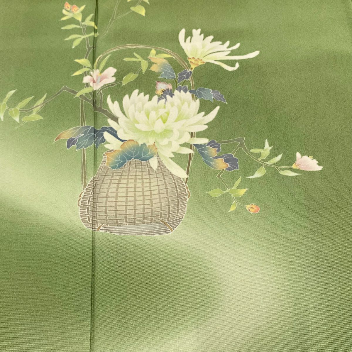 【庫存清倉】 付下 身長153cm 袖長65cm M 雙層 落款 花籠 流水 漸層 艾綠 純蠶絲 優品級 一個紋