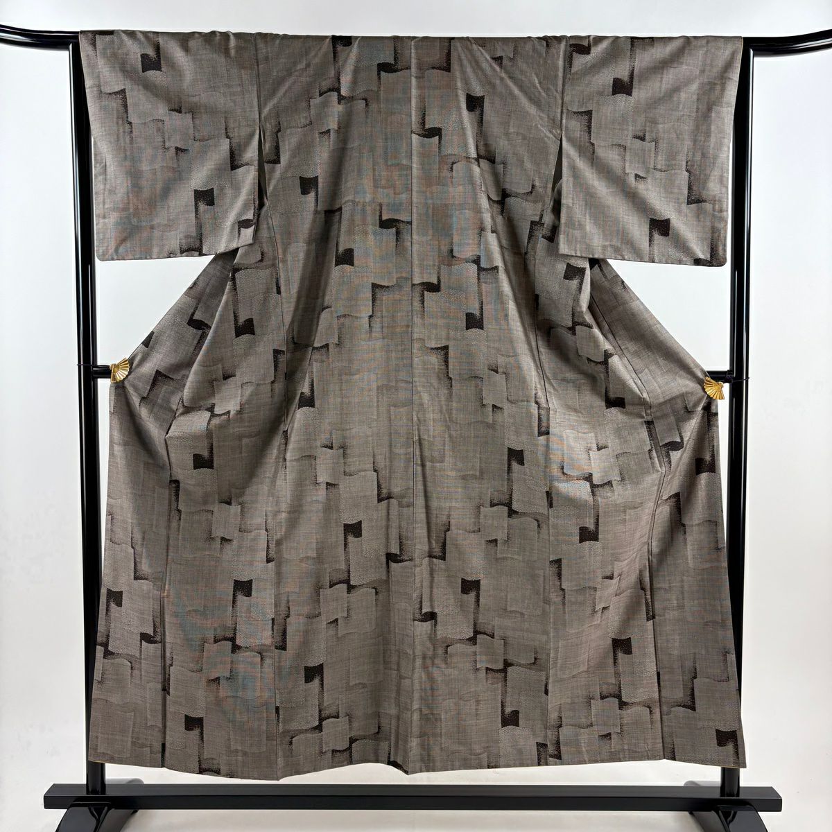 【庫存清倉】 紬織織 身長154cm 袖長65cm M 雙層 幾何圖案 灰茶 純蠶絲 美品 秀品級