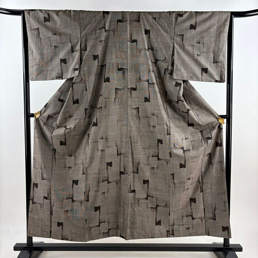 【庫存清倉】 紬織織 身長154cm 袖長65cm M 雙層 幾何圖案 灰茶 純蠶絲 美品 秀品級