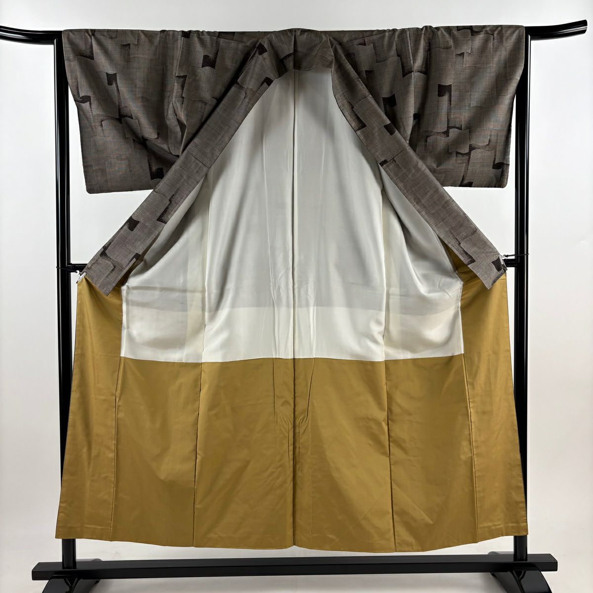【庫存清倉】 紬織織 身長154cm 袖長65cm M 雙層 幾何圖案 灰茶 純蠶絲 美品 秀品級