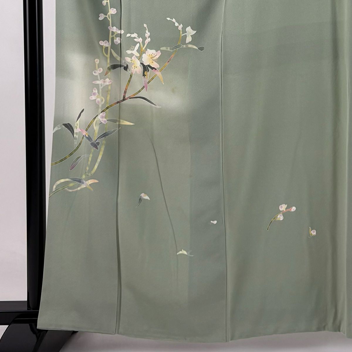 【庫存清倉】 付下 身長163cm 袖長65cm M 雙層 百貫石峰 有落款 草花紋紋 霞 灰綠 純蠶絲 優品級