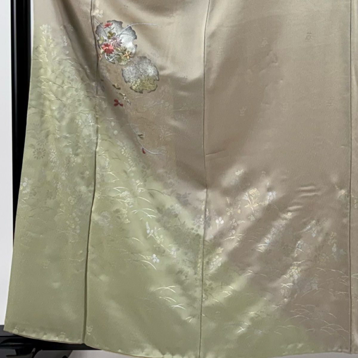【庫存清倉】 付下 身長161.5cm 袖長62cm S 雙層 雪輪 秋草 刺繡 金銀彩 灰茶 純蠶絲 優品級