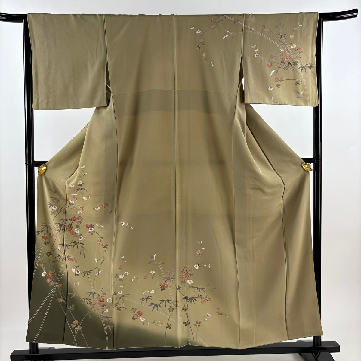 【庫存清倉】訪問服 身長156cm 袖長65cm M 雙層 菊花花 竹子葉 染分 漸層 茶綠 純蠶絲 優品級