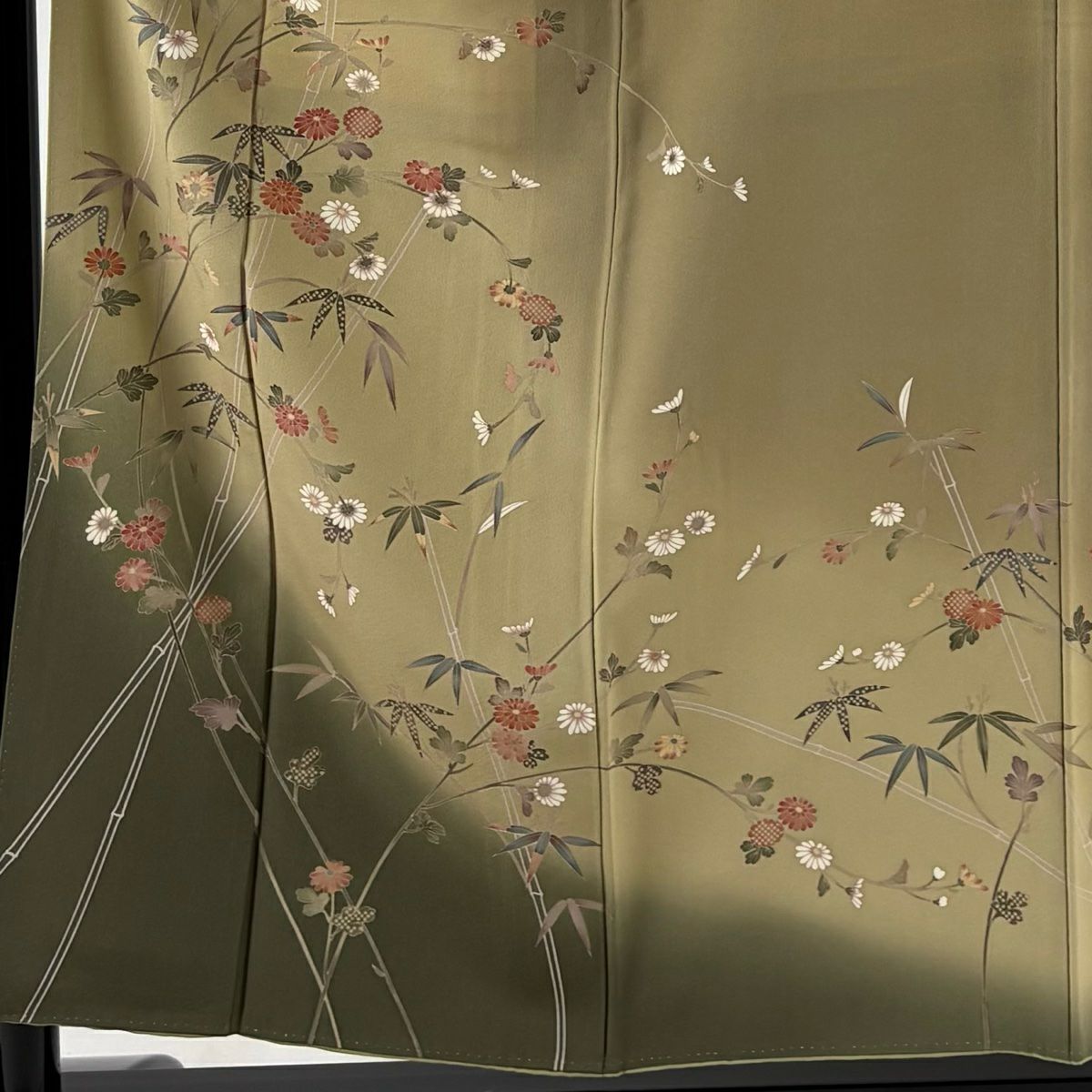 【庫存清倉】訪問服 身長156cm 袖長65cm M 雙層 菊花花 竹子葉 染分 漸層 茶綠 純蠶絲 優品級
