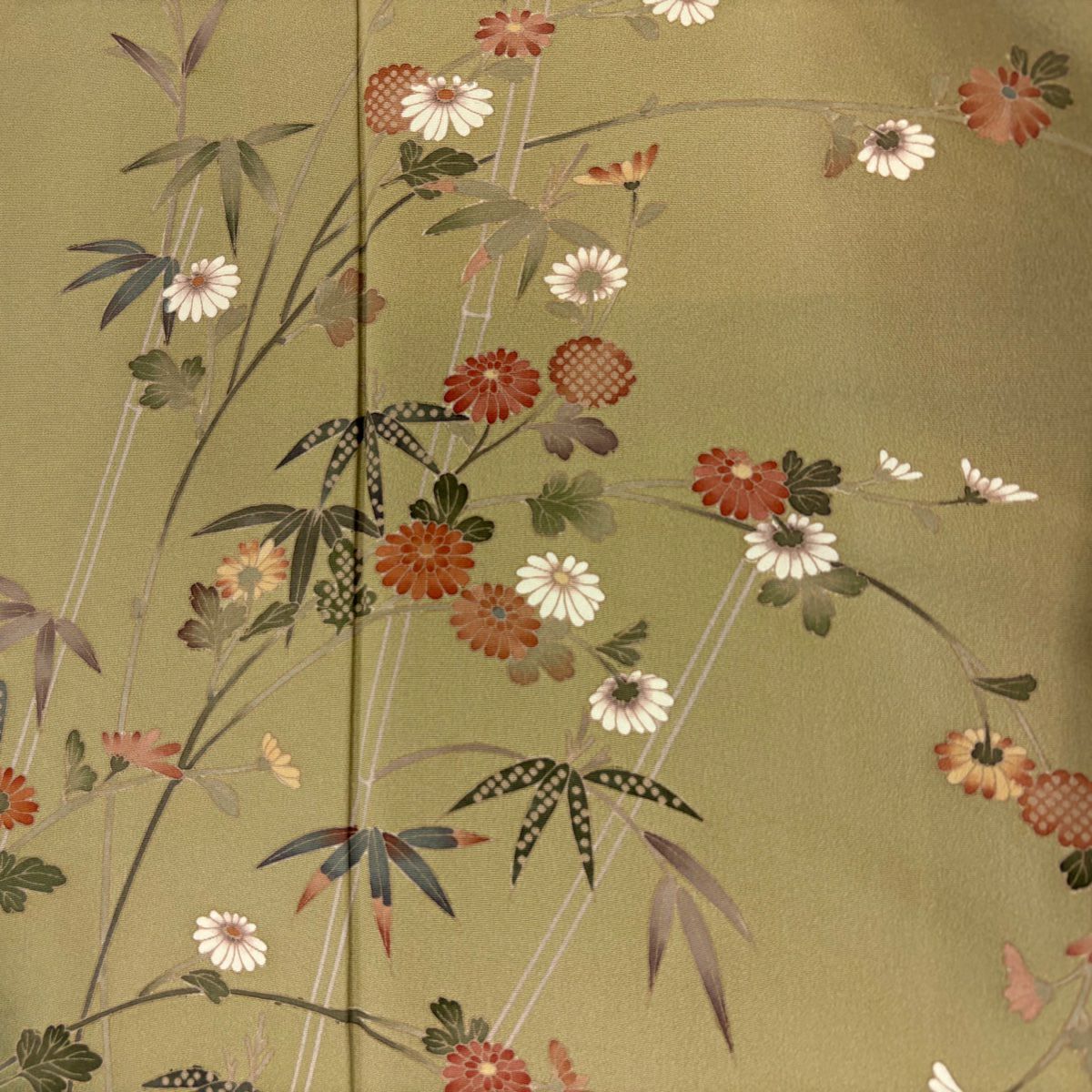 【庫存清倉】訪問服 身長156cm 袖長65cm M 雙層 菊花花 竹子葉 染分 漸層 茶綠 純蠶絲 優品級