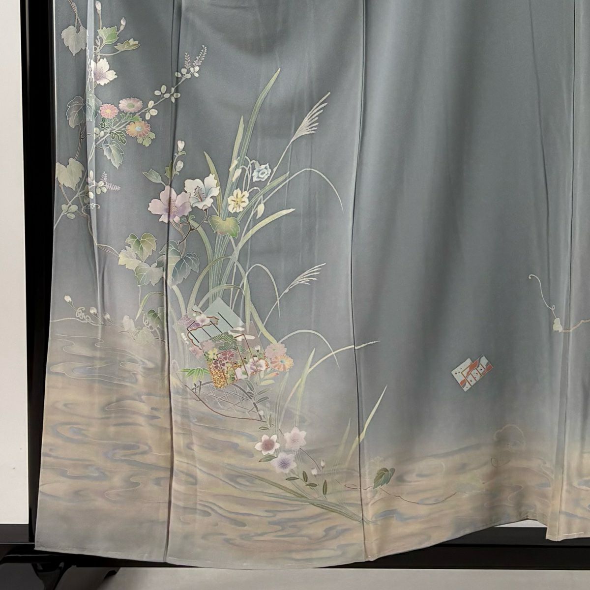 【庫存清倉】訪問服 身長157cm 袖長65.5cm M 雙層 草花紋紋 源氏香 金銀彩 漸層 青灰 純蠶絲 優品級