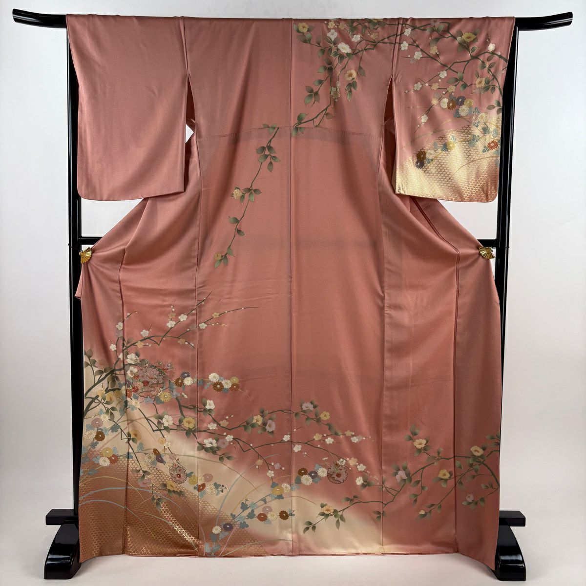 【庫存清倉】訪問服 身長172.5cm 袖長66cm M 雙層 雪輪 草花紋紋 刺繡 金彩裝飾 粉紅 純蠶絲 優品級