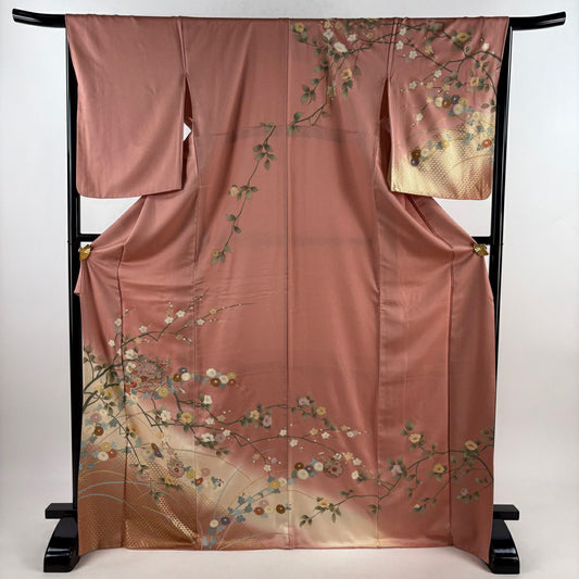 【庫存清倉】訪問服 身長172.5cm 袖長66cm M 雙層 雪輪 草花紋紋 刺繡 金彩裝飾 粉紅 純蠶絲 優品級