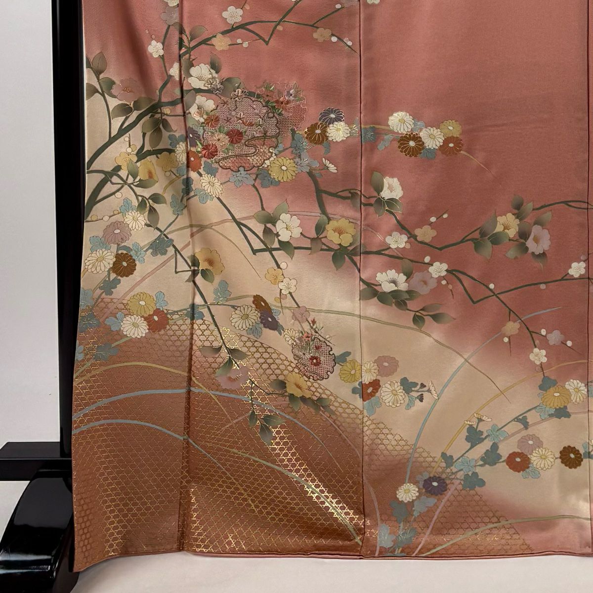 【庫存清倉】訪問服 身長172.5cm 袖長66cm M 雙層 雪輪 草花紋紋 刺繡 金彩裝飾 粉紅 純蠶絲 優品級