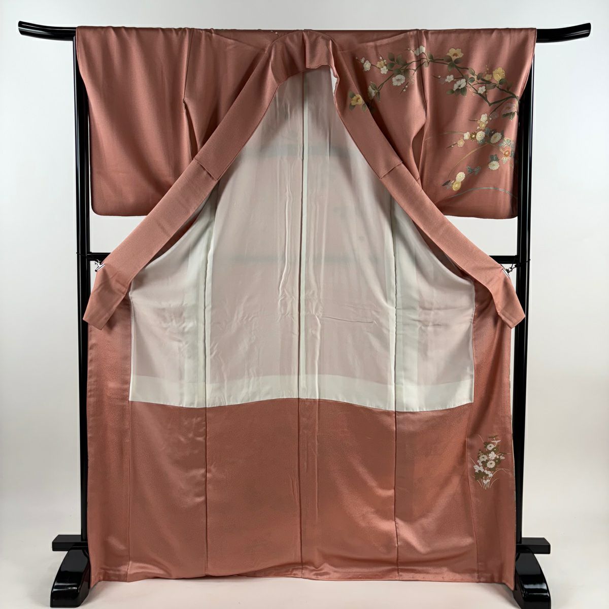 【庫存清倉】訪問服 身長172.5cm 袖長66cm M 雙層 雪輪 草花紋紋 刺繡 金彩裝飾 粉紅 純蠶絲 優品級