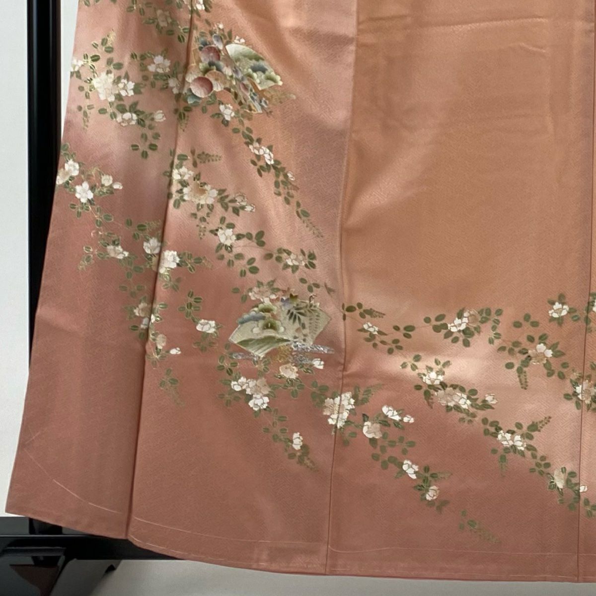 【庫存清倉】訪問服 身長160.5cm 袖長65.5cm M 雙層 扇子面 草花紋紋 金銀彩 漸層 淺粉色 純蠶絲 優品級