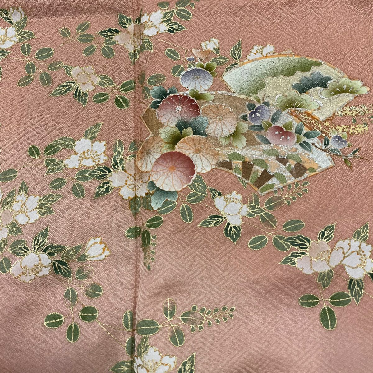 【庫存清倉】訪問服 身長160.5cm 袖長65.5cm M 雙層 扇子面 草花紋紋 金銀彩 漸層 淺粉色 純蠶絲 優品級