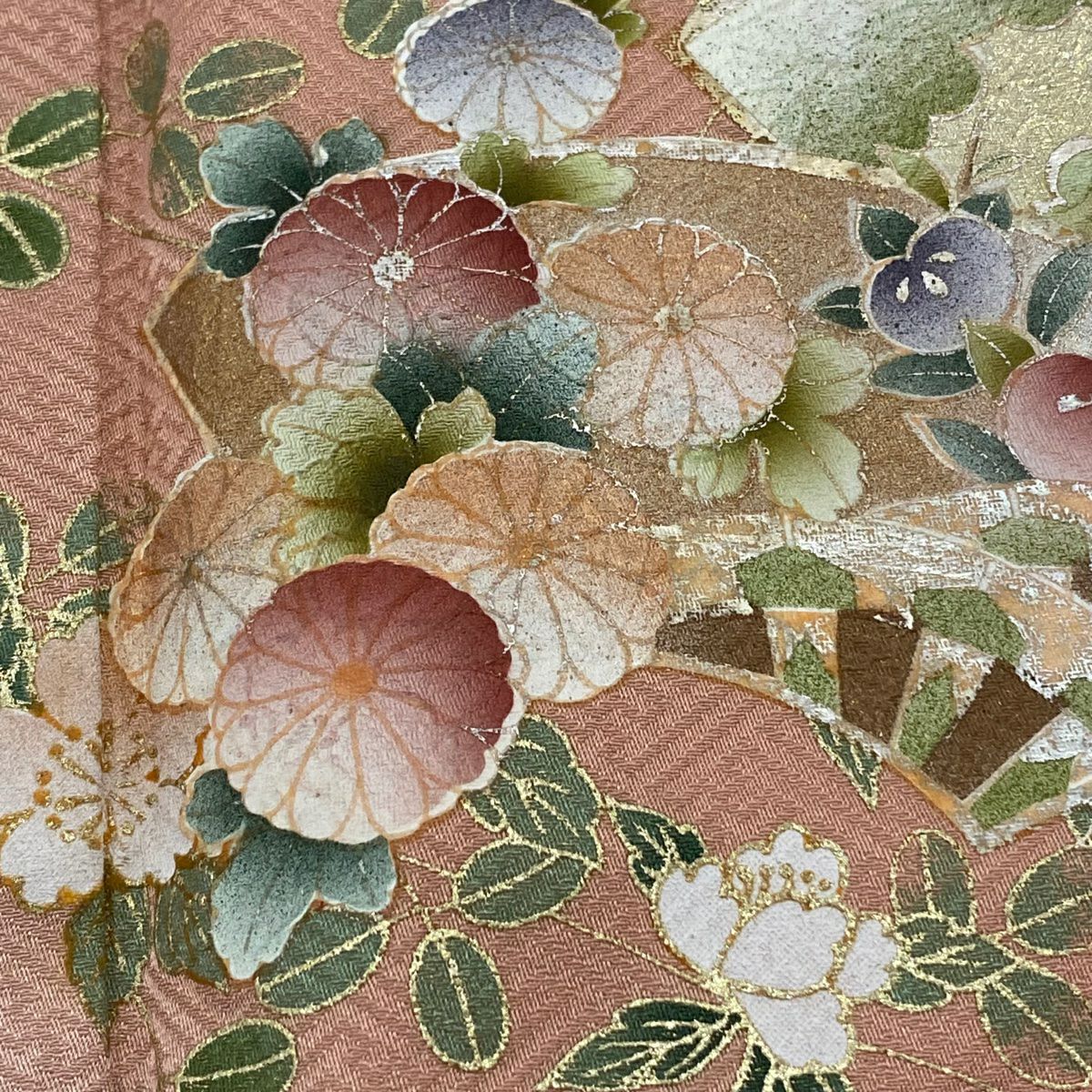 【庫存清倉】訪問服 身長160.5cm 袖長65.5cm M 雙層 扇子面 草花紋紋 金銀彩 漸層 淺粉色 純蠶絲 優品級