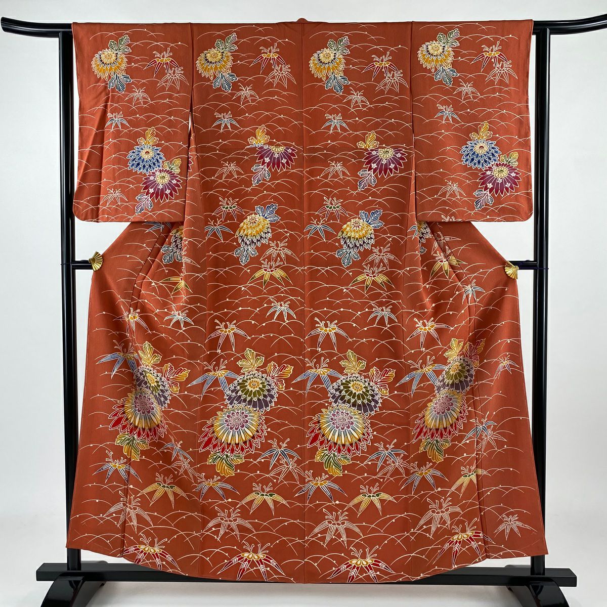 【庫存清倉】 小紋 身長158cm 袖長62.5cm S 雙層 菊花 笹 絞染 橙色 純蠶絲 優品級