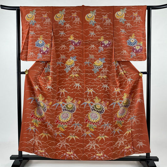 【庫存清倉】 小紋 身長158cm 袖長62.5cm S 雙層 菊花 笹 絞染 橙色 純蠶絲 優品級