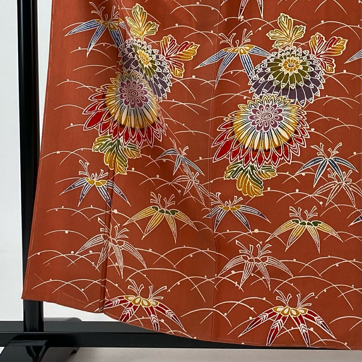 【庫存清倉】 小紋 身長158cm 袖長62.5cm S 雙層 菊花 笹 絞染 橙色 純蠶絲 優品級