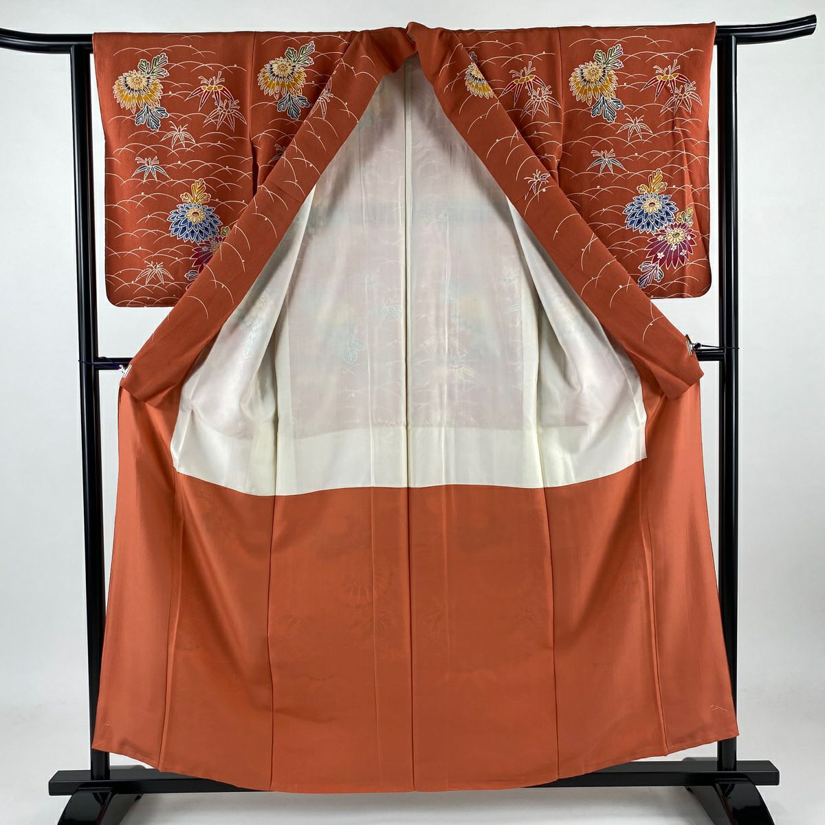 【庫存清倉】 小紋 身長158cm 袖長62.5cm S 雙層 菊花 笹 絞染 橙色 純蠶絲 優品級