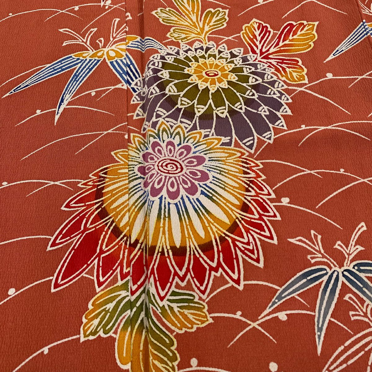 【庫存清倉】 小紋 身長158cm 袖長62.5cm S 雙層 菊花 笹 絞染 橙色 純蠶絲 優品級