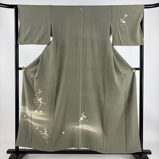【庫存清倉】 付下 身長154.5cm 袖長65.5cm M 雙層 南克治 落款有 枝花 霞 漸變 灰綠 純蠶絲 名品級 一個紋