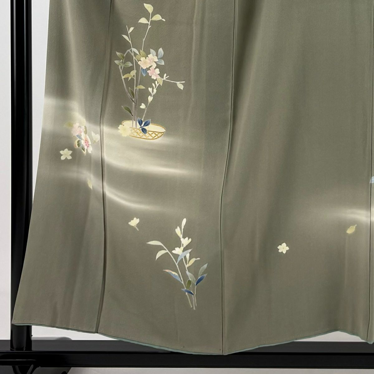 【庫存清倉】 付下 身長154.5cm 袖長65.5cm M 雙層 南克治 落款有 枝花 霞 漸變 灰綠 純蠶絲 名品級 一個紋