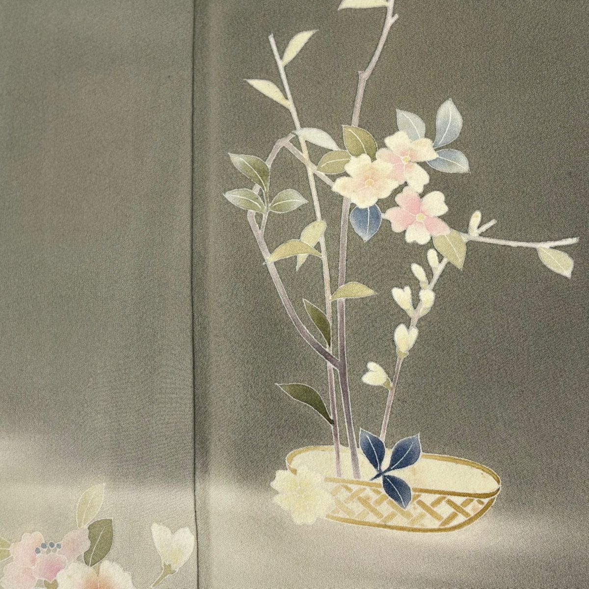 【庫存清倉】 付下 身長154.5cm 袖長65.5cm M 雙層 南克治 落款有 枝花 霞 漸變 灰綠 純蠶絲 名品級 一個紋