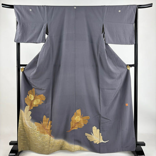 【庫存清倉】 留袖禮服禮服 身長167cm 袖長67.5cm L 雙層 落款あり 若松樹 松樹果 金絲 金銀彩 灰色 純蠶絲 名品級 三個紋