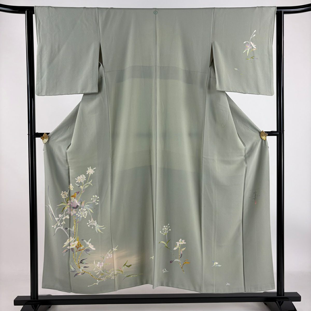 【庫存清倉】 付下 身長152cm 袖長63cm S 雙層 百貫石峰 有落款 草花紋紋 霞 漸層 淺綠 純蠶絲 名品級 一個紋