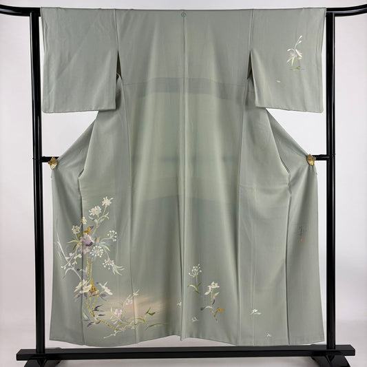 【庫存清倉】 付下 身長152cm 袖長63cm S 雙層 百貫石峰 有落款 草花紋紋 霞 漸層 淺綠 純蠶絲 名品級 一個紋