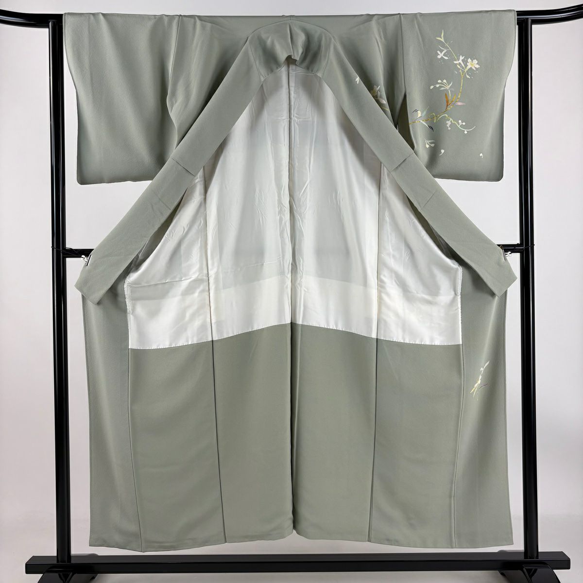 【庫存清倉】 付下 身長152cm 袖長63cm S 雙層 百貫石峰 有落款 草花紋紋 霞 漸層 淺綠 純蠶絲 名品級 一個紋