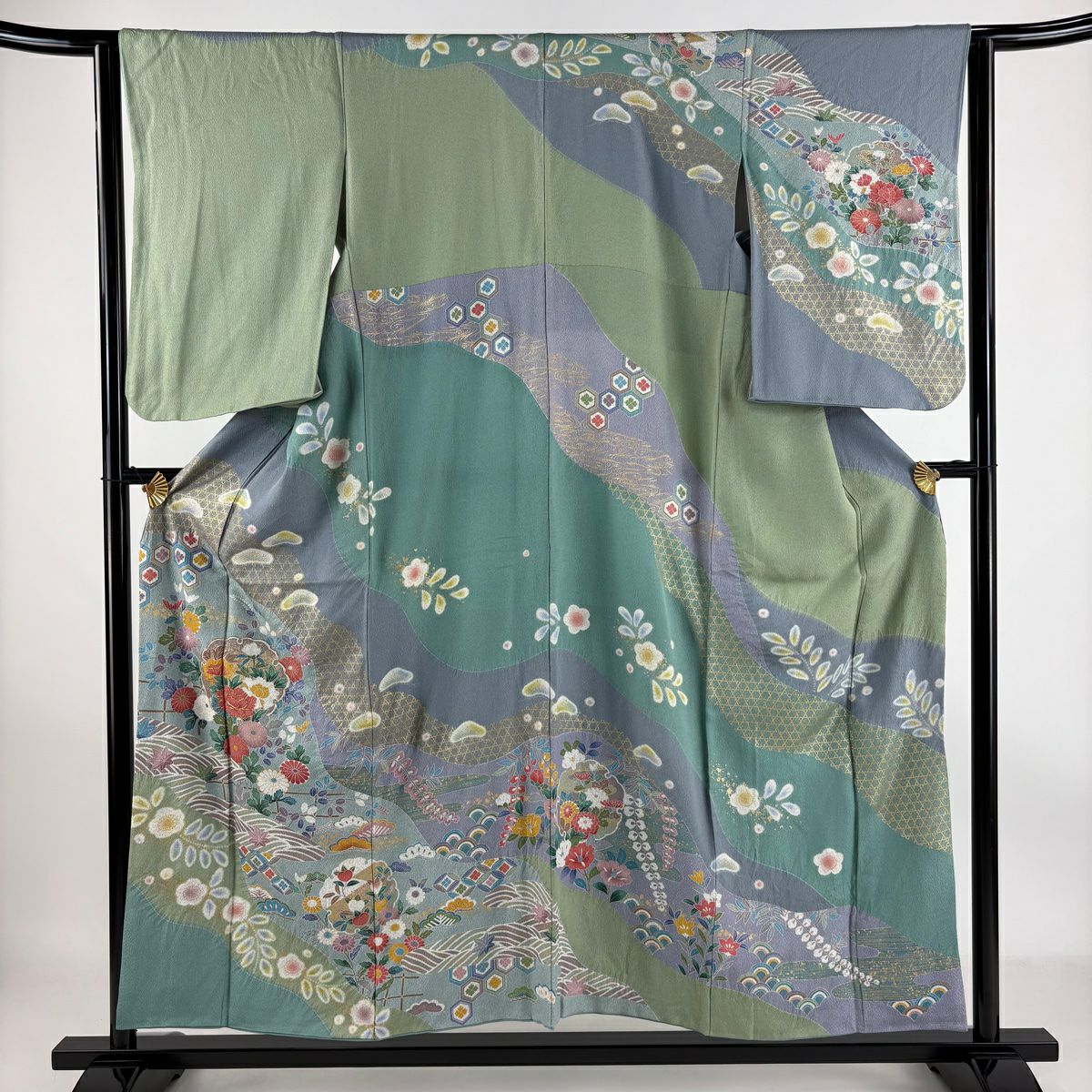 【庫存清倉】訪問服 身長154.5cm 袖長63.5cm S 雙層 草花紋 雪輪 金絲 金銀彩 青灰 純蠶絲 名品級