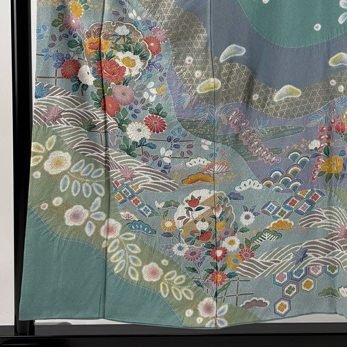 【庫存清倉】訪問服 身長154.5cm 袖長63.5cm S 雙層 草花紋 雪輪 金絲 金銀彩 青灰 純蠶絲 名品級