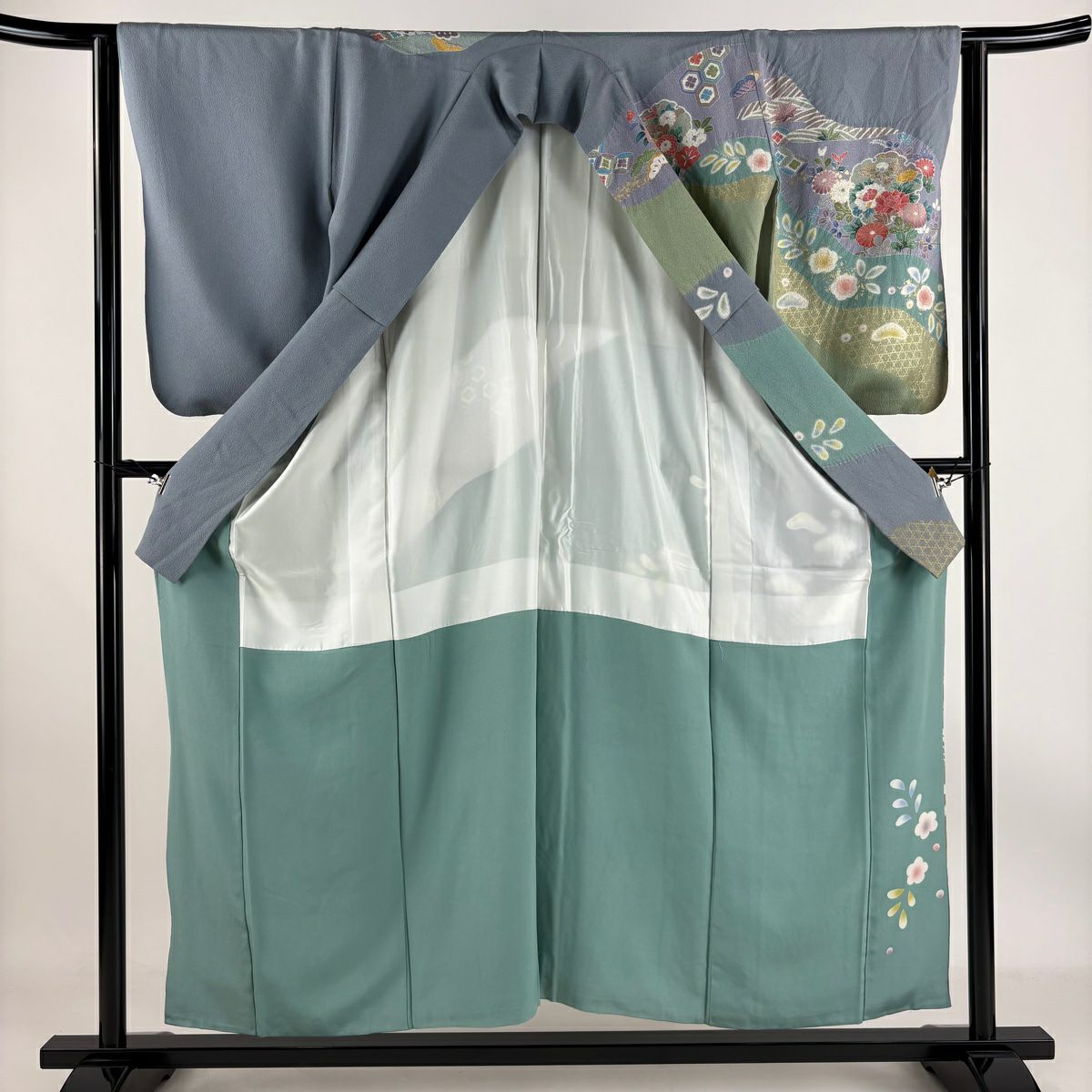 【庫存清倉】訪問服 身長154.5cm 袖長63.5cm S 雙層 草花紋 雪輪 金絲 金銀彩 青灰 純蠶絲 名品級