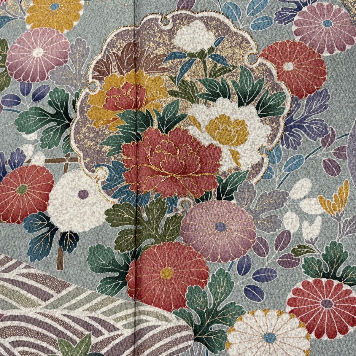 【庫存清倉】訪問服 身長154.5cm 袖長63.5cm S 雙層 草花紋 雪輪 金絲 金銀彩 青灰 純蠶絲 名品級
