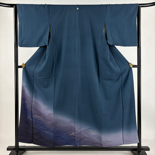 【庫存清倉】 留袖禮服禮服 身長156cm 袖長64.5cm M 雙層 大久保玄才 落款有 雪芝 波 金糸 染分 藍色 純蠶絲 名品級 一つ紋