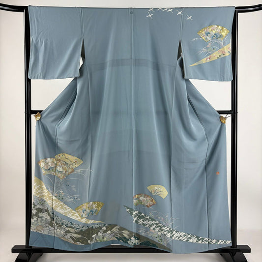 【清倉特賣】訪問服 身長157cm 袖長64cm M 雙層 落款有 扇子面 草花紋紋 金銀彩 水色 純蠶絲 優品級 一個紋