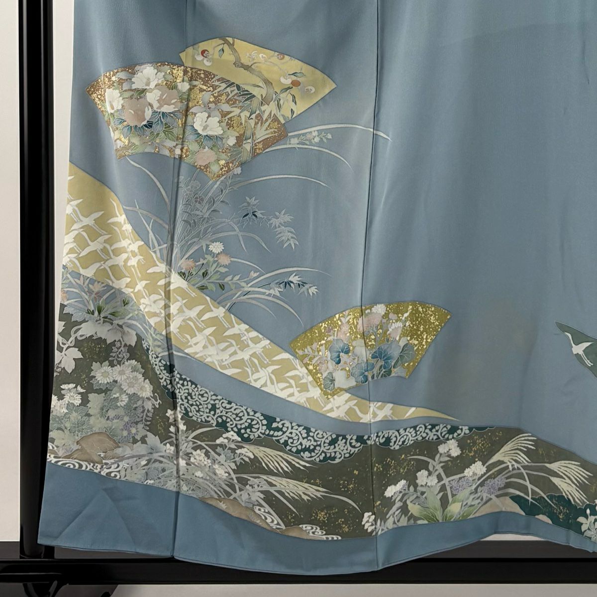 【清倉特賣】訪問服 身長157cm 袖長64cm M 雙層 落款有 扇子面 草花紋紋 金銀彩 水色 純蠶絲 優品級 一個紋