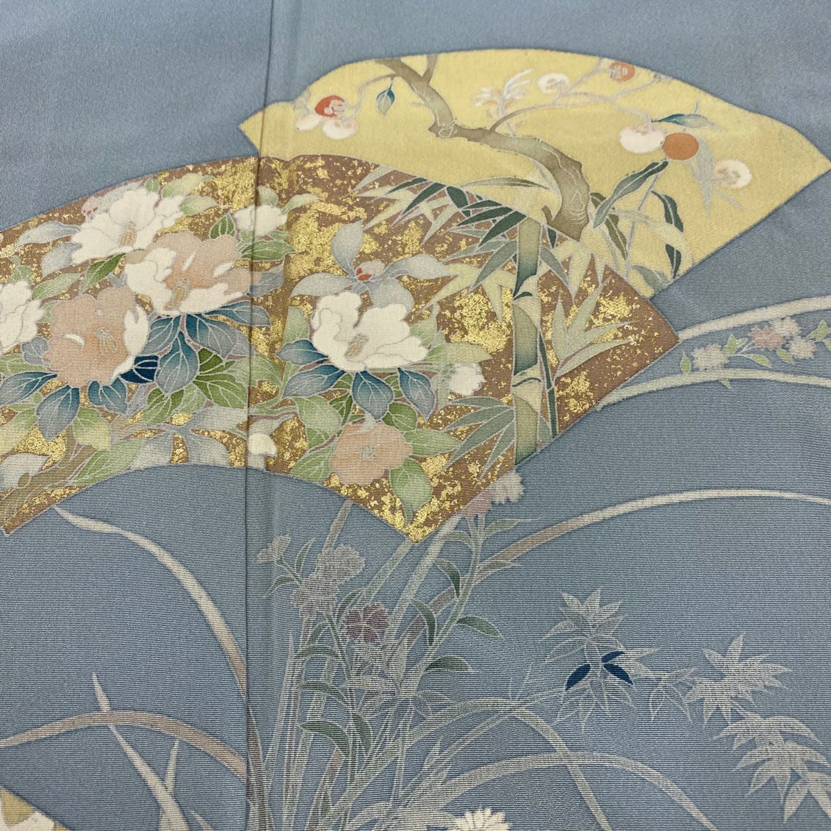 【清倉特賣】訪問服 身長157cm 袖長64cm M 雙層 落款有 扇子面 草花紋紋 金銀彩 水色 純蠶絲 優品級 一個紋