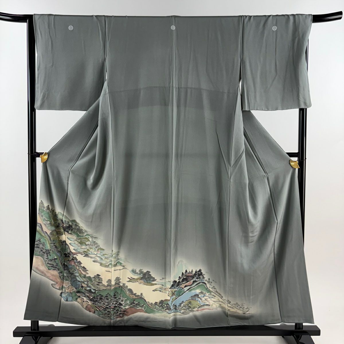 【庫存清倉】 留袖禮服禮服 身長157cm 袖長66cm M 雙層 風景 建物 金銀彩 漸層 灰綠 純蠶絲 優品級 三個紋樣