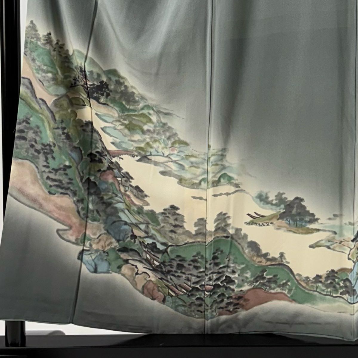 【庫存清倉】 留袖禮服禮服 身長157cm 袖長66cm M 雙層 風景 建物 金銀彩 漸層 灰綠 純蠶絲 優品級 三個紋樣